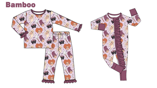 (Custom Design Preorder MOQ 20 Each Design) Cartoon Witch Print Girls Halloween Pajamas Matching Bamboo Clothes Sisters Wear