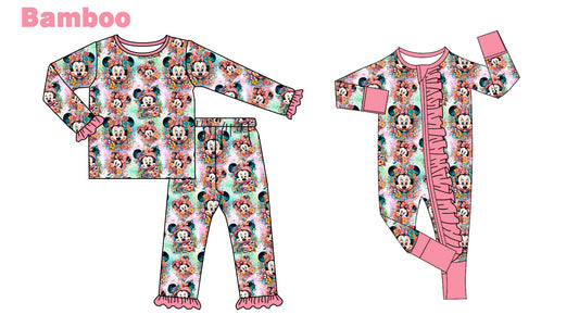 (Custom Design Preorder MOQ 20 Each Design) Cartoon Mouse Flowers Print Girls Pajamas Matching Bamboo Clothes Sisters Wear