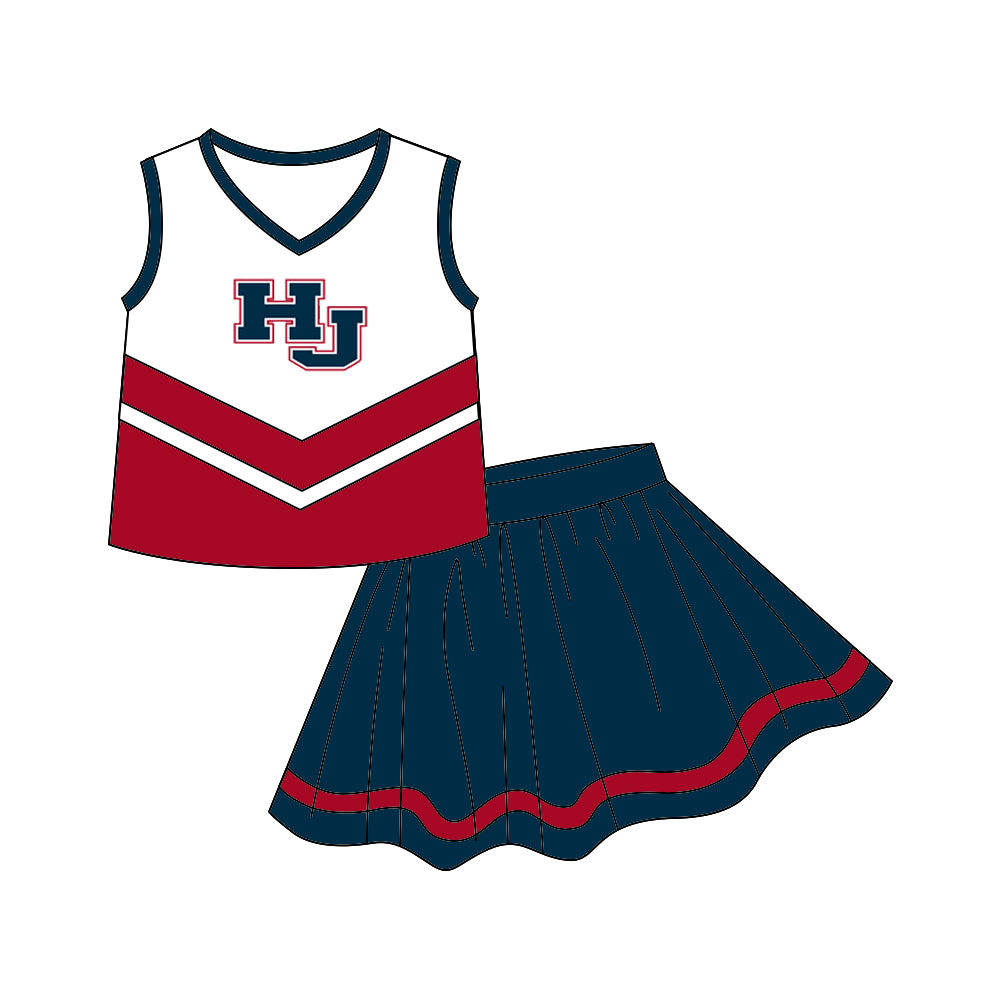 (Custom Design MOQ 5) Sleeveless top football team's NO.5 red & navy skirts girls clothes set