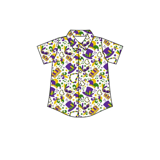 (Custom Design MOQ 5)  NO.5 Purple Hat Mardi Gras Boys Button Tee Shirts Top