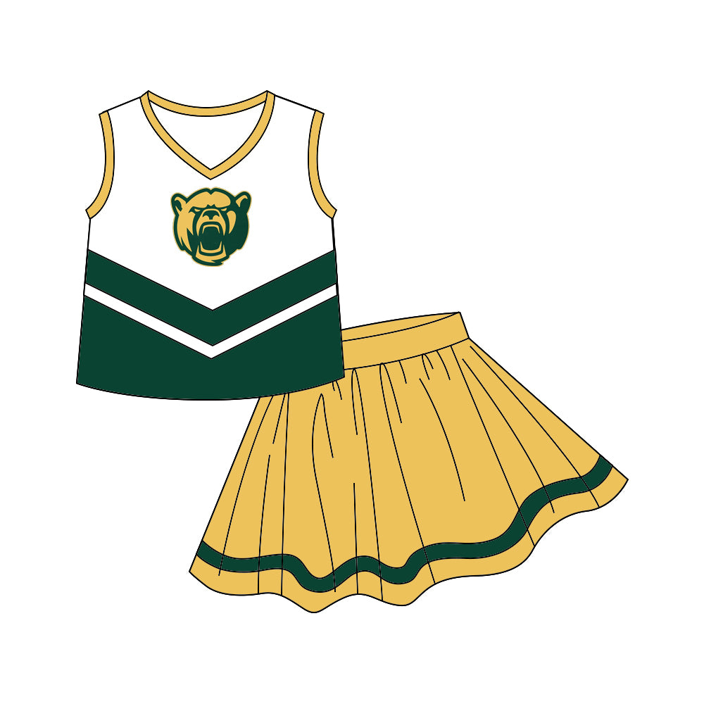 (Custom Design MOQ 5) Sleeveless top football team's NO.6 green & yellow skirts girls clothes set