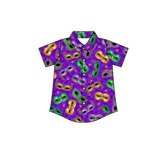 (Custom Design MOQ 5)  NO.6 Purple Mask Mardi Gras Boys Button Tee Shirts Top