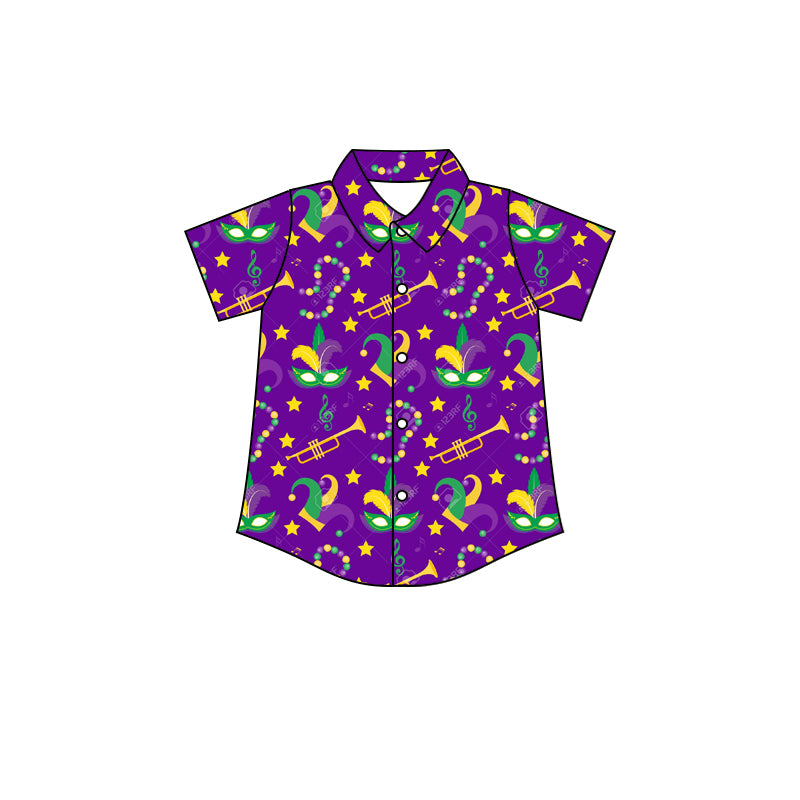 (Custom Design MOQ 5)  NO.8 Purple Mardi Gras Boys Button Tee Shirts Top