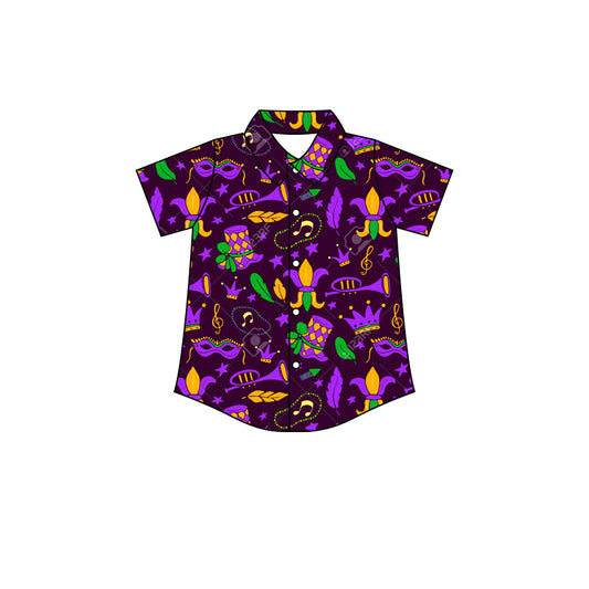 (Custom Design MOQ 5)  NO.9 Purple Star Mardi Gras Boys Button Tee Shirts Top