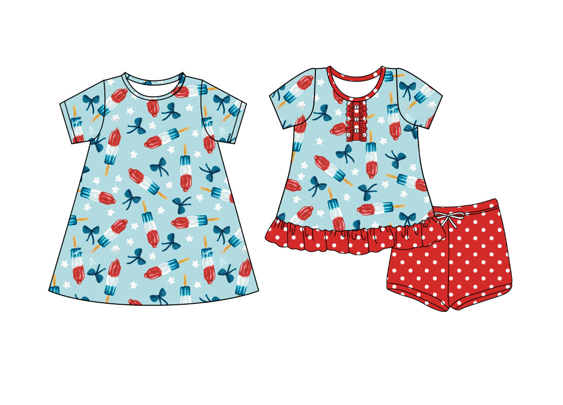 5.22(Custom Design Preorder MOQ 5 Each Design) Popsicle Bows Print Girls 4th of July Matching Clothes Sisters Wear
