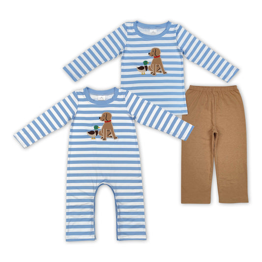 Dog Duck Embroidery Blue Stripes Print Brothers Fall Matching Clothes