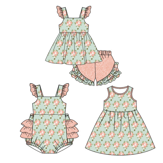 12.11(Custom Design Preorder MOQ 5 Each Design) Flowers Print Girls Summer Matching Clothes Sisters Wear