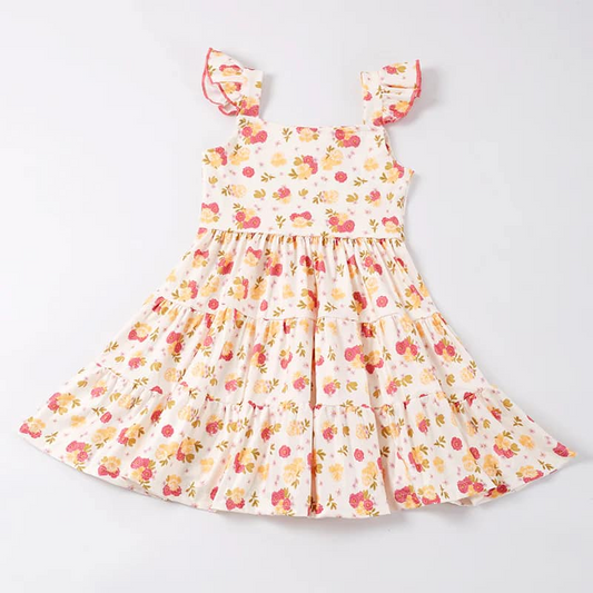 (Custom Design Preorder MOQ 5) Mustard Flowers Print Girls Knee Length Summer Dress