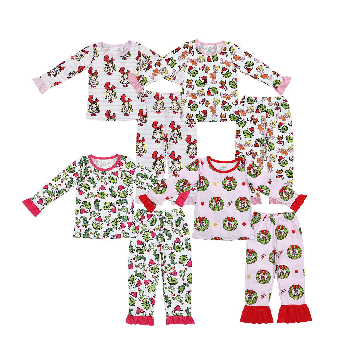4 Print Green Frog Christmas Girls Pajamas Clothes Set Sisters Wear