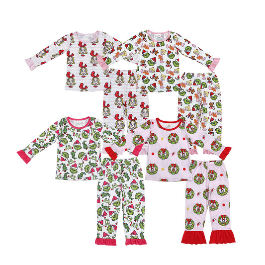 4 Print Green Frog Christmas Girls Pajamas Clothes Set Sisters Wear