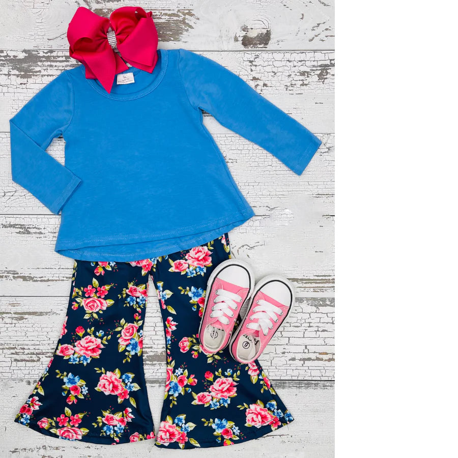 (Promotion)Blue Top Flowers Bell Pants Outfits   6 A25-3