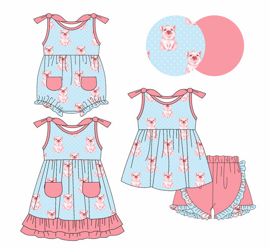 1.6(Custom Design Preorder MOQ 5 Each Design) Pig Dots Print Pockets Girls Summer Matching Clothes Sisters Wear