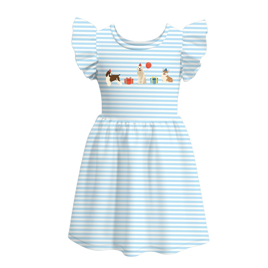 (Custom Design Preorder MOQ 5) Dog Balloon Blue Stripes Print Girls Knee Length Summer Dress