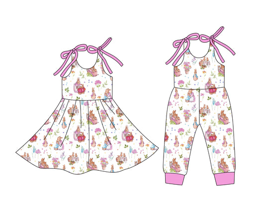 12.24 (Custom Design Preorder MOQ 5 Each Design) Bunny Flowers Print Girls Easter Matching Clothes Sisters Wear
