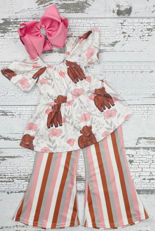 GSPO0961 Highland Cow Flowers Top Stripes Bell Pants Girls Clothes Set