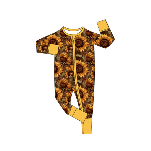 (Custom Design Preorder MOQ 5)  Sunflowers Print Baby Girls Fall Bamboo Sleeper Zipper Romper