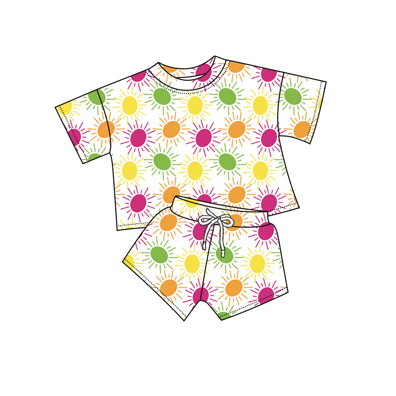 12.10(Custom Design Preorder MOQ 5) Colorful Sun Print Girls Summer Clothes Set
