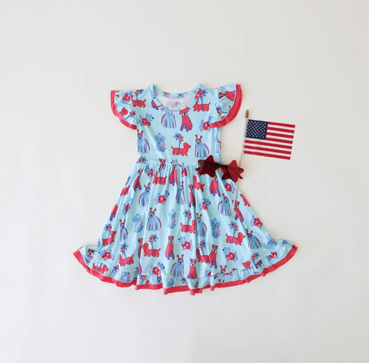 (Custom Design Preorder MOQ 5) Dog Stars Blue Print Girls 4th of July Knee Length Dress