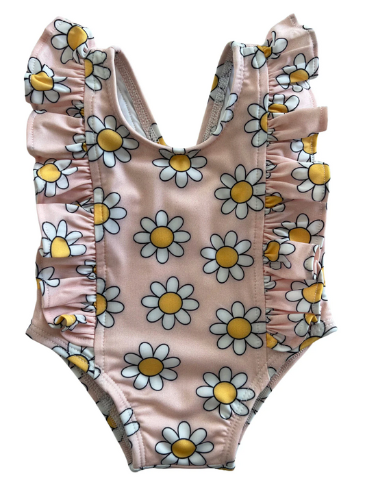 (Custom Design Preorder MOQ 5)  Pink Flowers Print Ruffle Girls 1 Piece Swimsuits