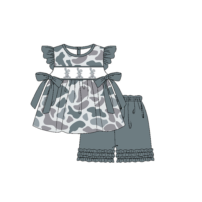 1.8(Custom Design Preorder MOQ 5 Each Design) Grey Camo Bunny Print Kids Easter Matching Clothes Sibling Wear