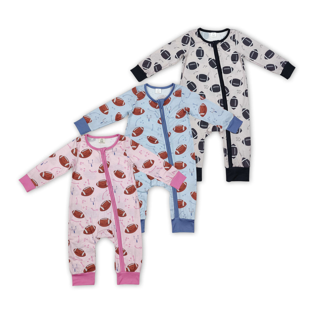 Football Print Baby Fall Bamboo Sleeper Zipper Romper Sibling Wear