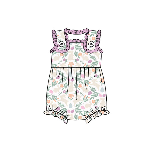 (Custom Design Preorder MOQ 5) Bunny Flowers Print Baby Girls Easter Romper