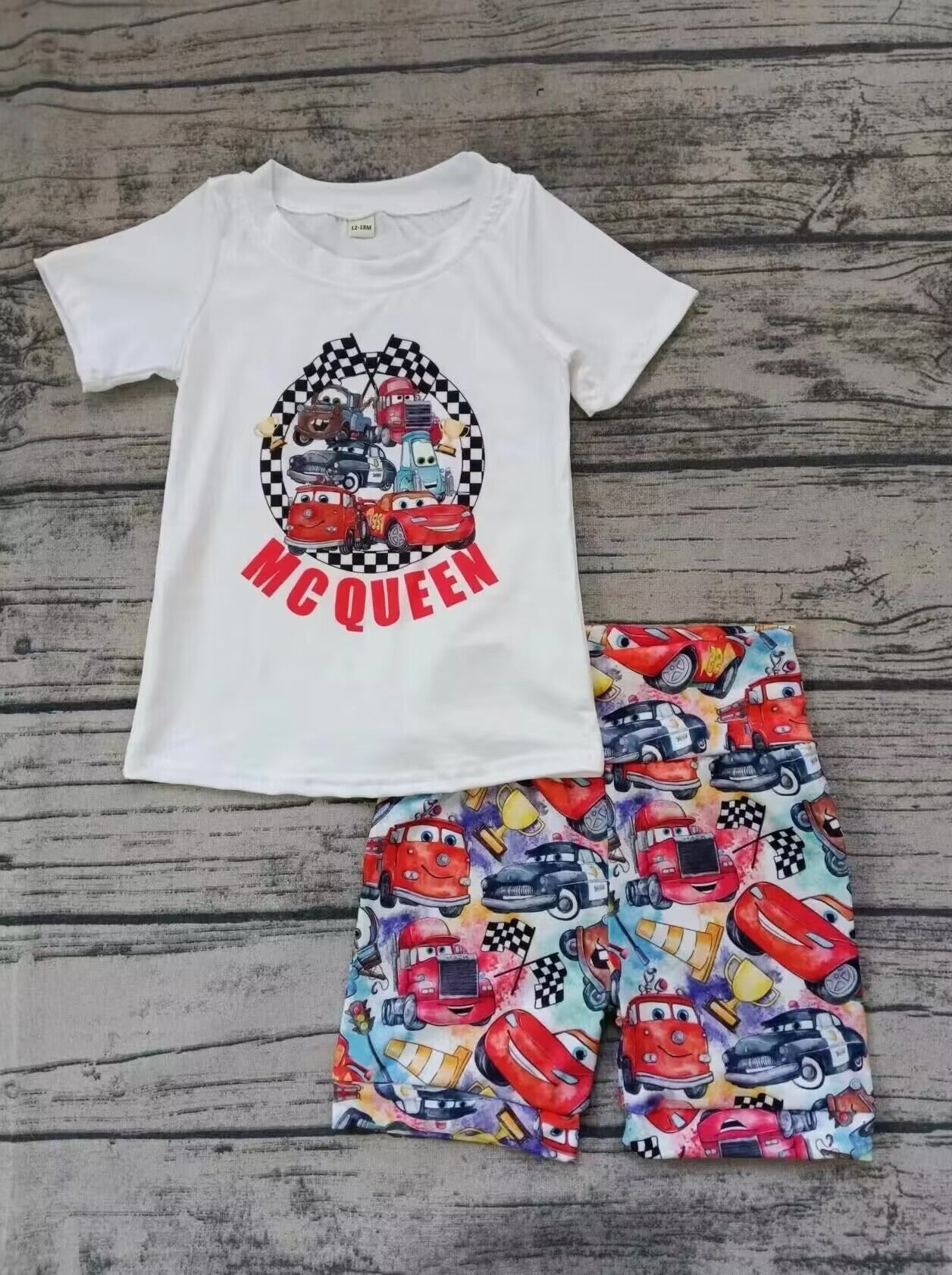 (Custom Design Preorder MOQ 5) Cartoon Cars Print Boys Summer Clothes Set