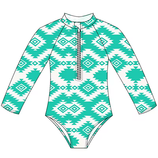 (Custom Design Preorder MOQ 5)  Green Aztec Print Girls 1 Piece Long Sleeve Zipper Swimsuits