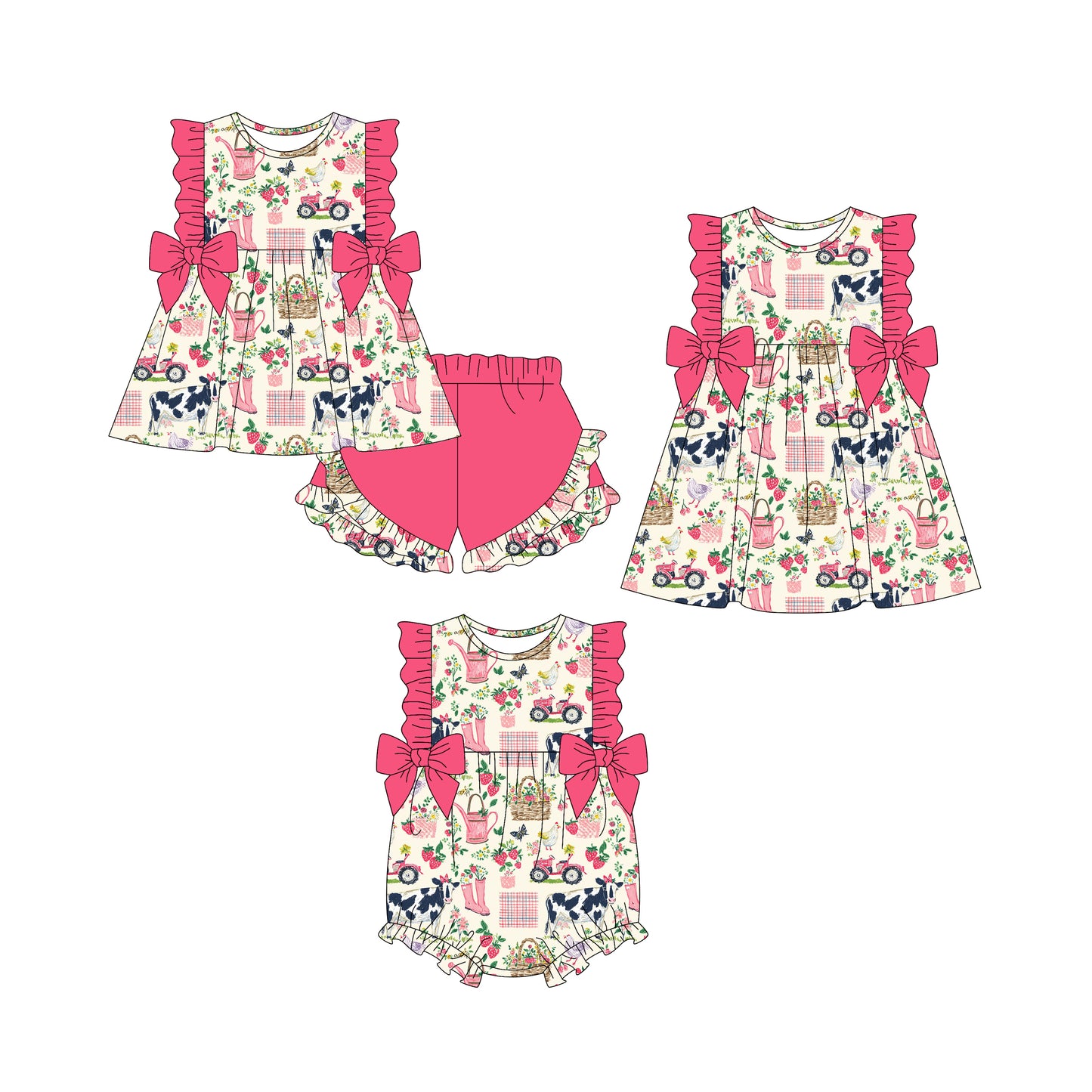 12.22 (Custom Design Preorder MOQ 5 Each Design) Farm Animals Flowers Print Girls Summer Matching Clothes Sisters Wear