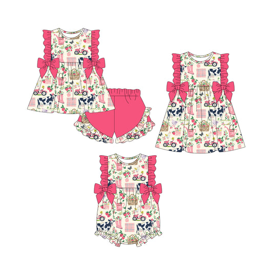 12.22 (Custom Design Preorder MOQ 5 Each Design) Farm Animals Flowers Print Girls Summer Matching Clothes Sisters Wear