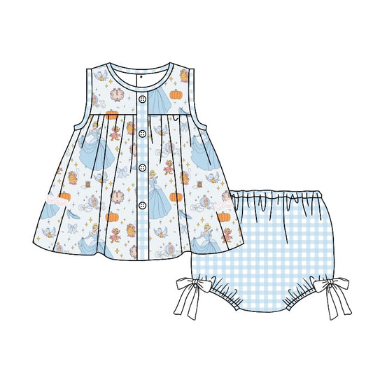 (Custom Design MOQ 5)  Princess Pumpkin Print Baby Girls Summer Bummie Sets