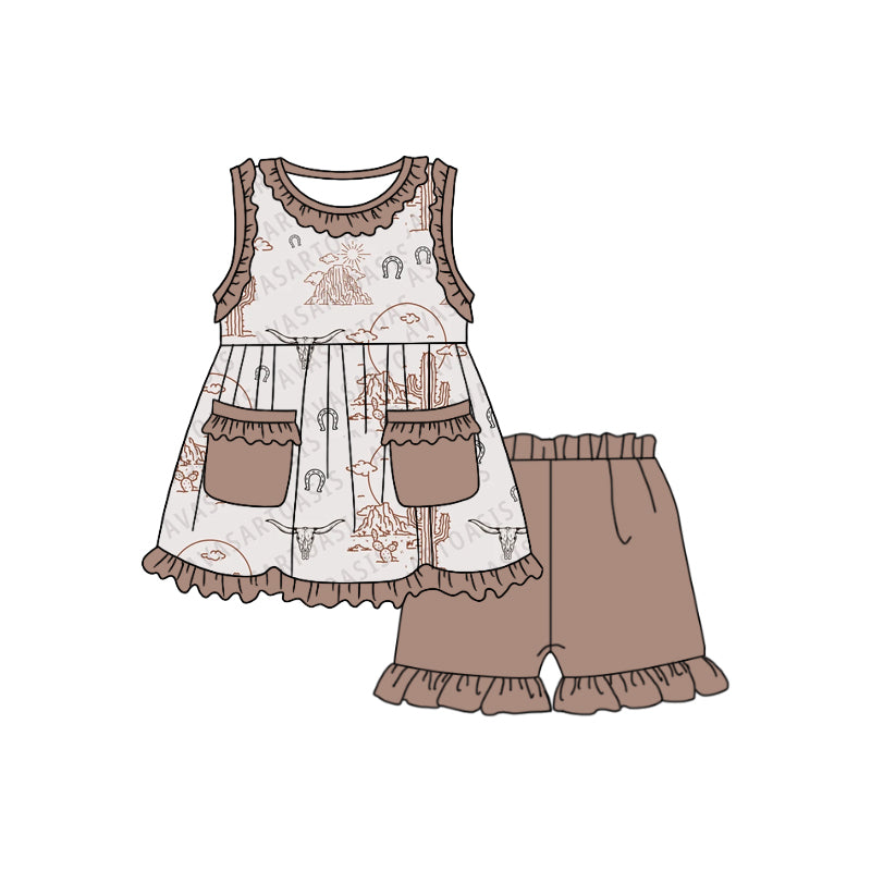 (Custom Design Preorder MOQ 5) Cactus Western Print Girls Summer Clothes Set