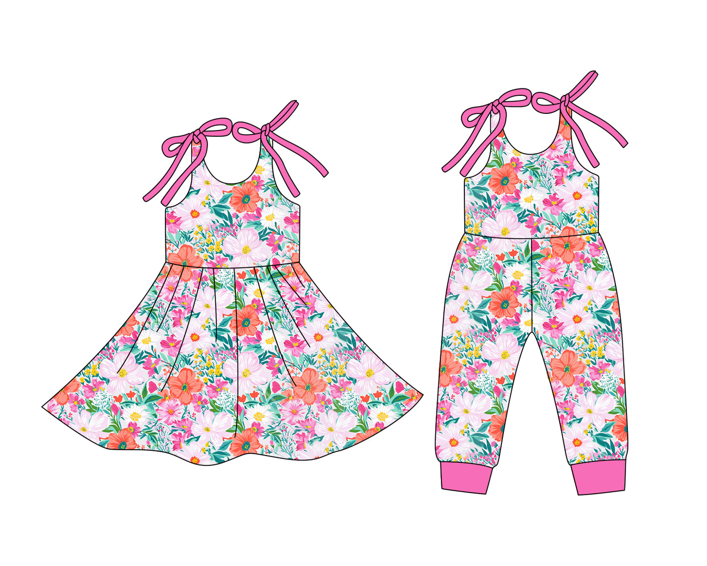 12.24 (Custom Design Preorder MOQ 5 Each Design) Colorful Flowers Print Girls Summer Matching Clothes Sisters Wear
