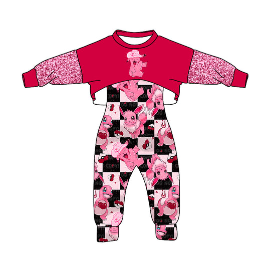 (Custom Design Preorder MOQ 5) Red Top Cartoon Animals Jumpsuits Girls Fall Clothes Set