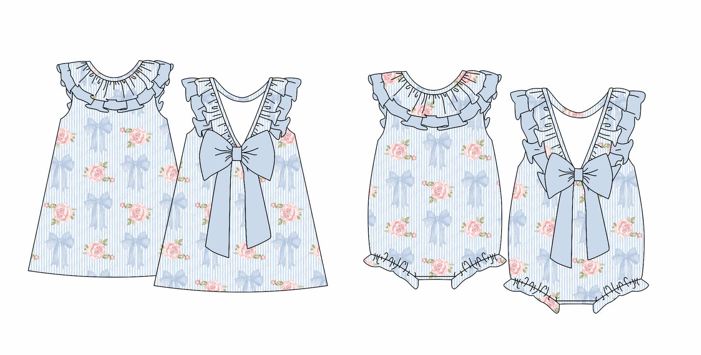 12.14(Custom Design Preorder MOQ 5 Each Design) Blue Bows Flowers Print Girls Summer Matching Clothes Sisters Wear