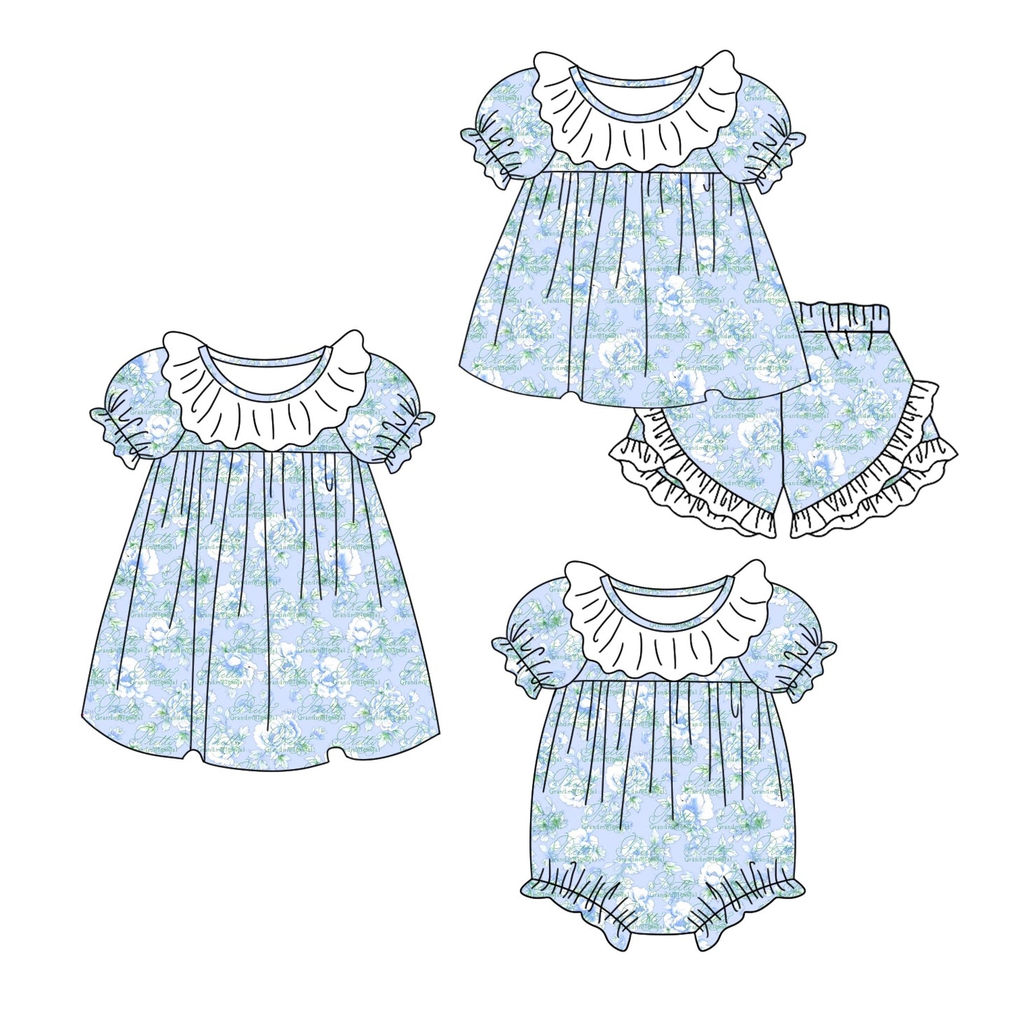 11.4(Custom Design Preorder MOQ 5 Each Design) Blue Flowers Print Girls Summer Matching Clothes Set Sisters Wear