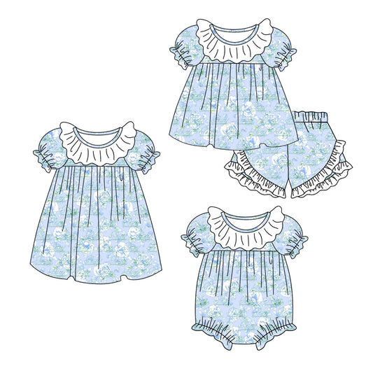 11.4(Custom Design Preorder MOQ 5 Each Design) Blue Flowers Print Girls Summer Matching Clothes Set Sisters Wear