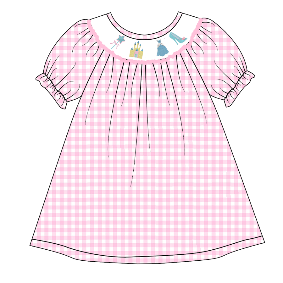 (Custom Design Preorder MOQ 5) Cartoon Castle Pink Plaid Print Girls Knee Length Summer Dress