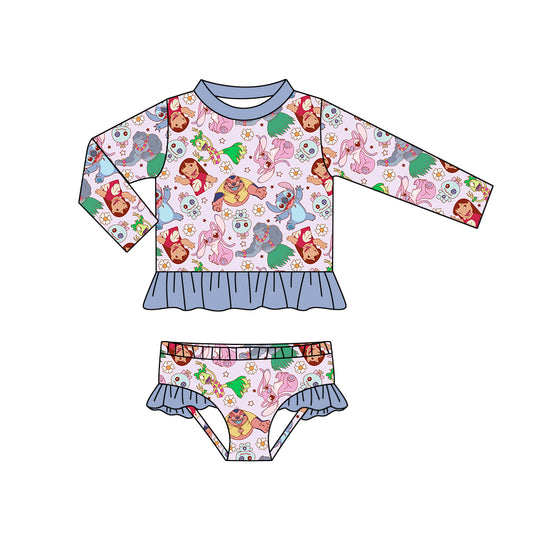 (Custom Design Preorder MOQ 5) Cartoon Character Flowers Print Girls 2 Pieces Long Sleeve Swimsuits