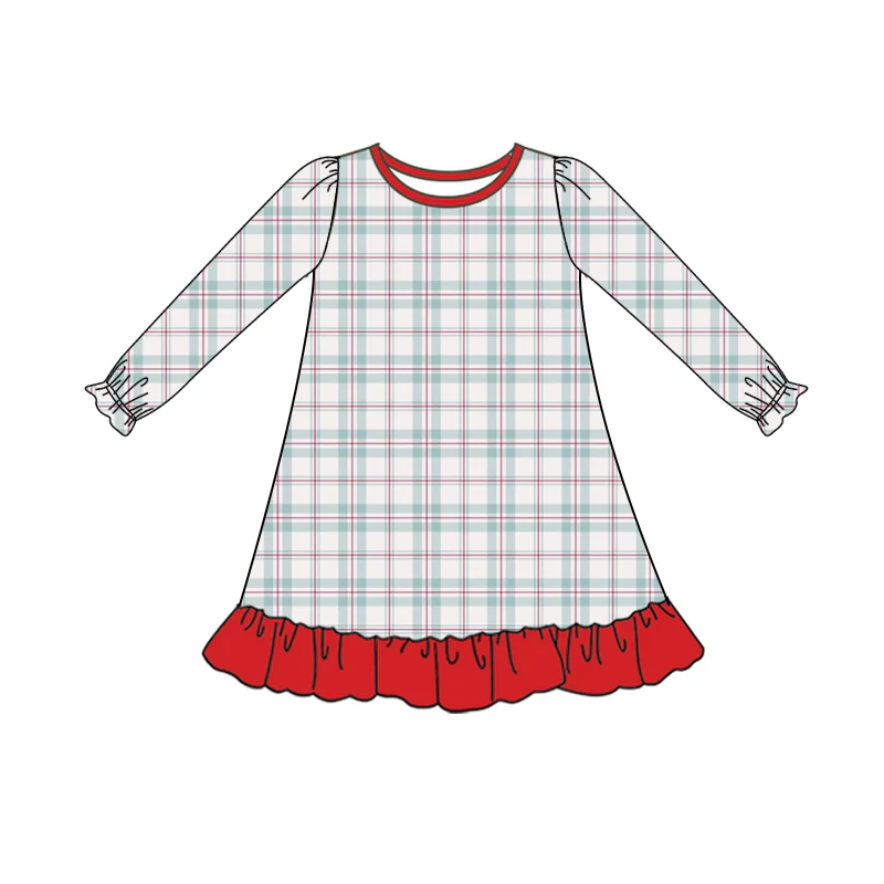 (Custom Design Preorder MOQ 5) Plaid Print Girls Christmas Knee Length Dress