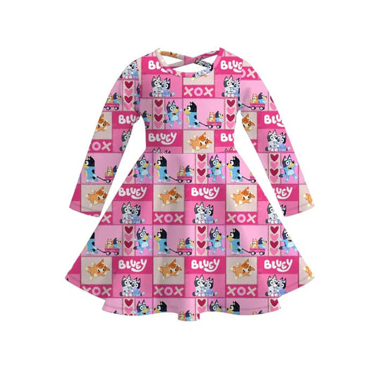 (Custom Design Preorder MOQ 5) Cartoon Dog Heart XOXO Print Girls Valentine's Day Knee Length Dress