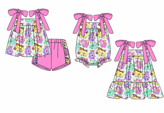 12.5(Custom Design Preorder MOQ 5 Each Design) Cartoon Bear Colorful Flowers Print Girls Summer Matching Clothes Sisters Wear