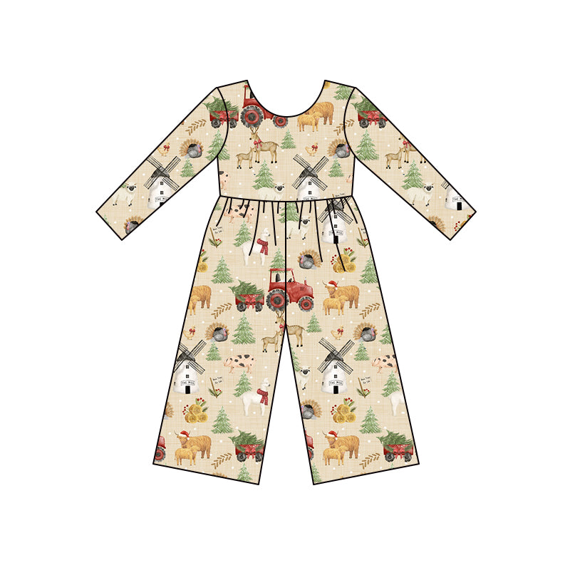 (Custom Design MOQ 5) Farm Animals Holly Print Girls Christmas Jumpsuits