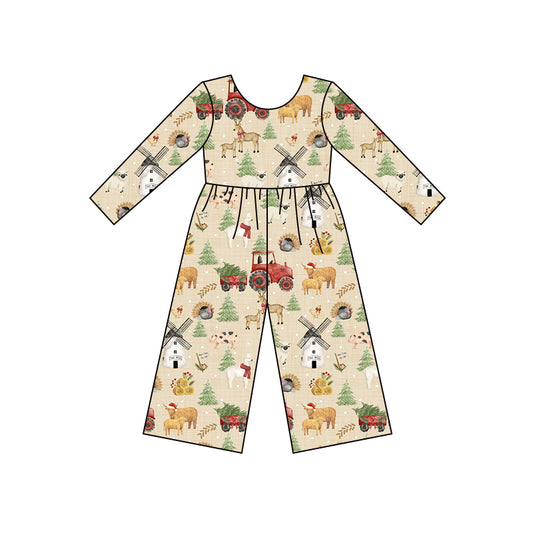 (Custom Design MOQ 5) Farm Animals Holly Print Girls Christmas Jumpsuits