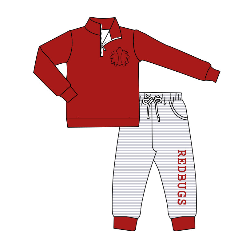 (Custom Design Preorder MOQ 5) Team's REDBUGS Pullover Top Red Pockets Pants Boys Fall Clothes Set