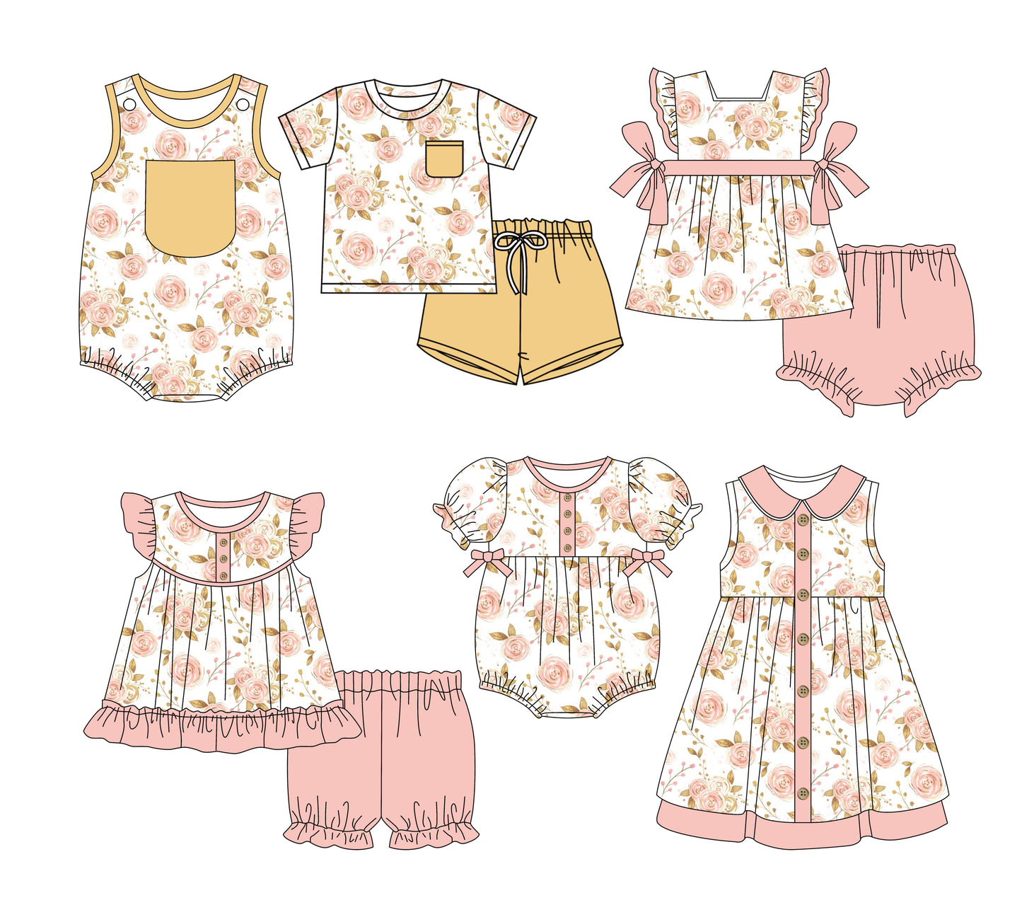 3.3(Custom Design Preorder MOQ 5 Each Design) Pink Flowers Print Kids Summer Matching Clothes Sibling Wear