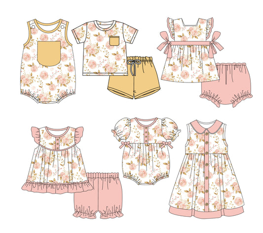 3.3(Custom Design Preorder MOQ 5 Each Design) Pink Flowers Print Kids Summer Matching Clothes Sibling Wear