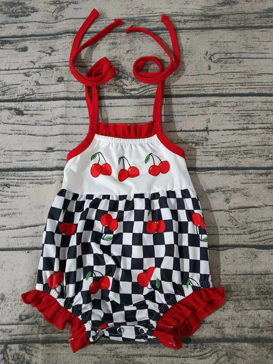 (Custom Design Preorder MOQ 5) Cherry Black Plaid Print Baby Girls Summer Romper