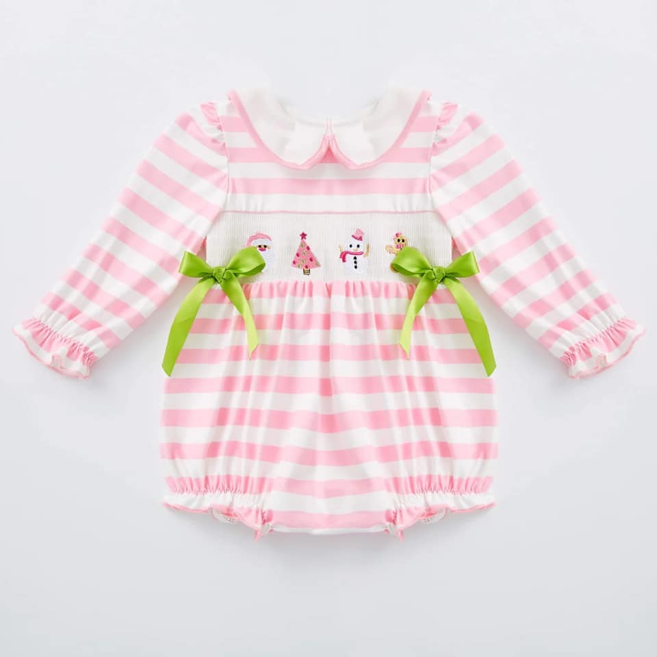 (Custom Design Preorder MOQ 5) Santa Gingerbread Pink Stripes Print Baby Girls Christmas Romper