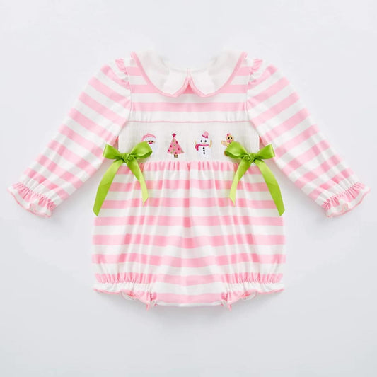 (Custom Design Preorder MOQ 5) Santa Gingerbread Pink Stripes Print Baby Girls Christmas Romper